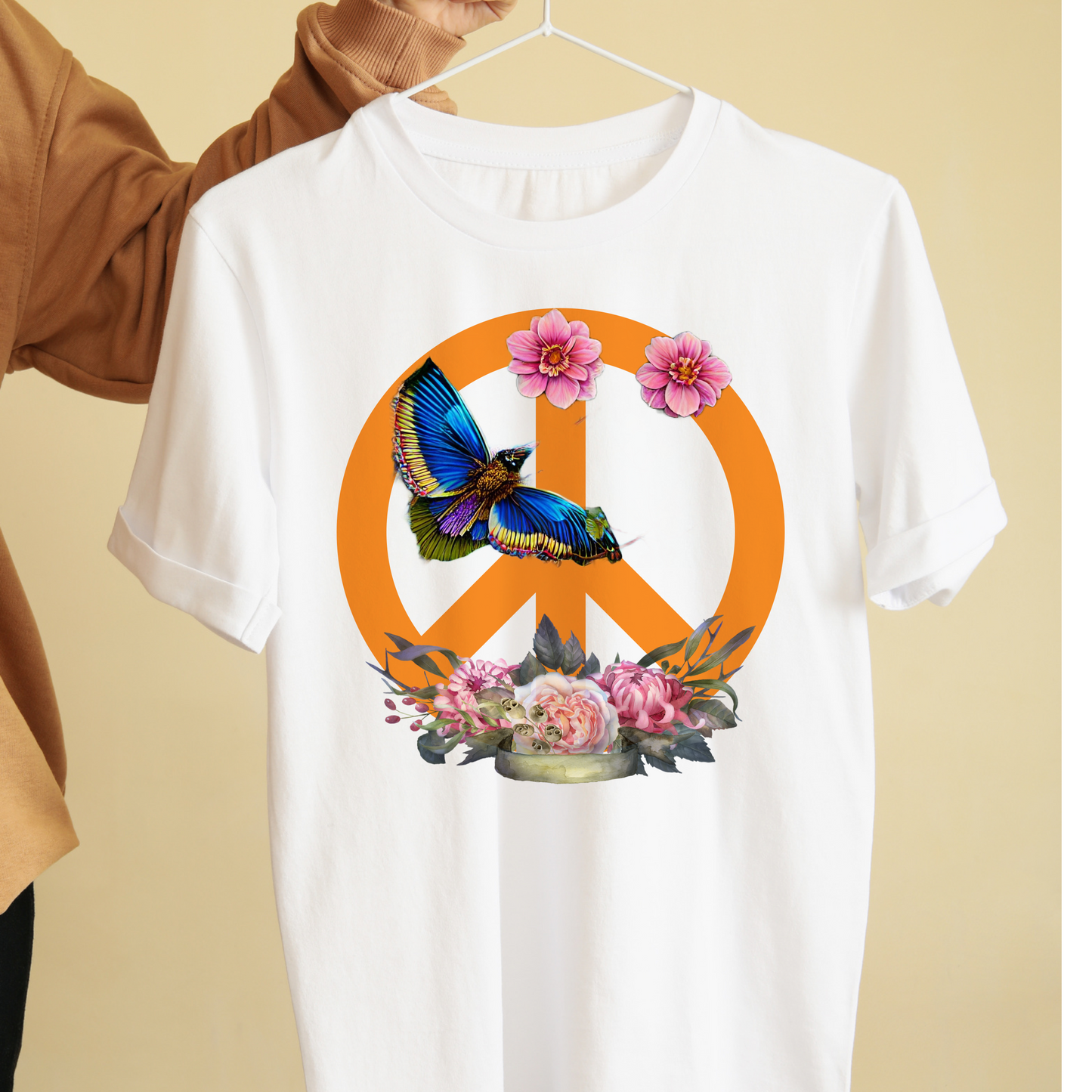 Peace symbol with flowers and bird graphic tees unisex