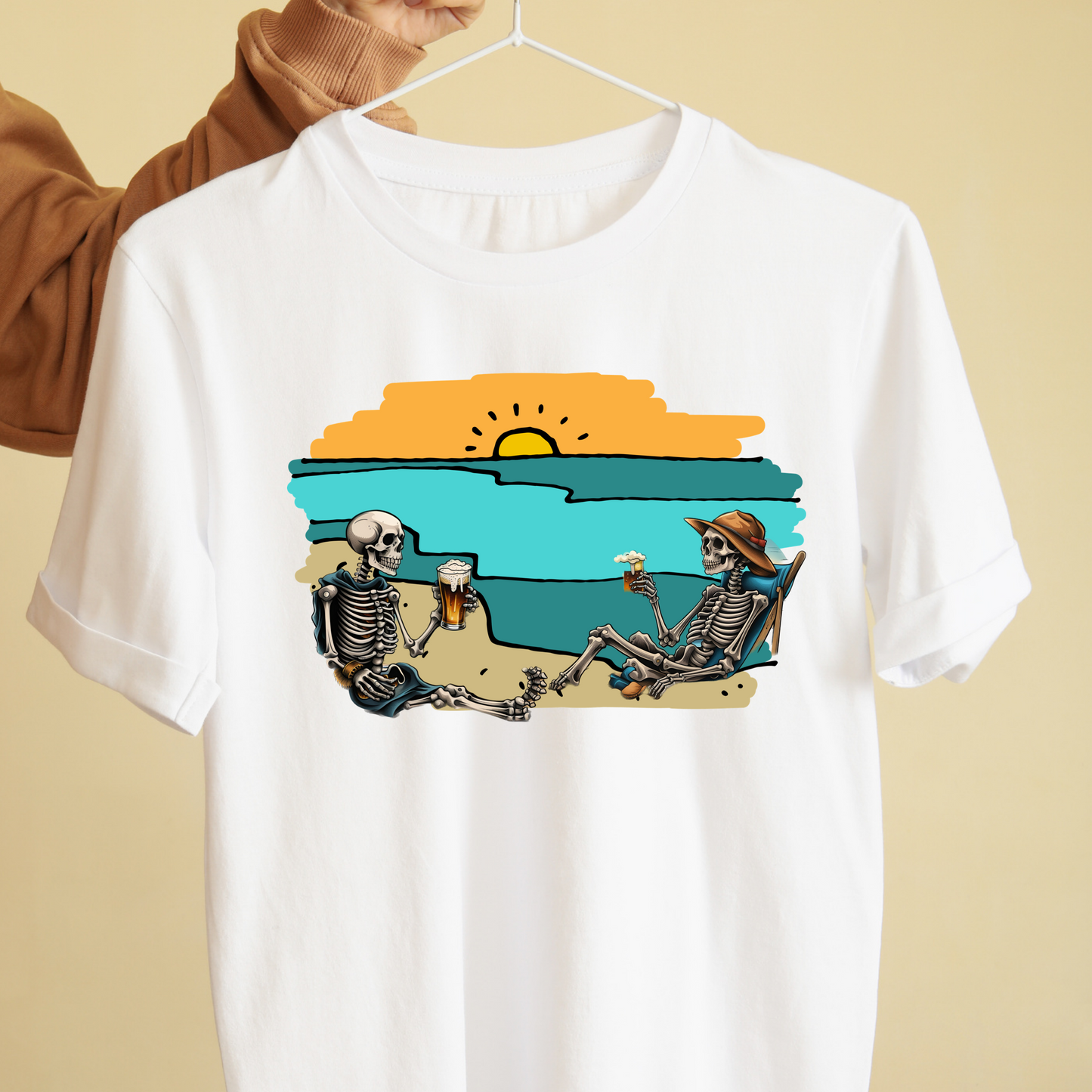 Skeletons drinking beer by the beach sunset nature graphic tees