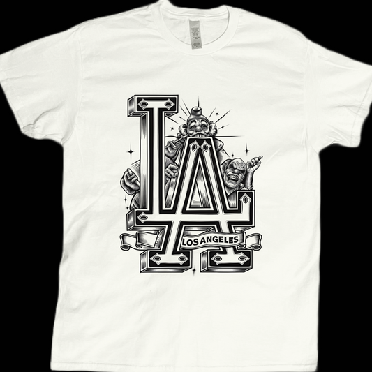 Los Angeles LA clown graphic tees unisex available in white