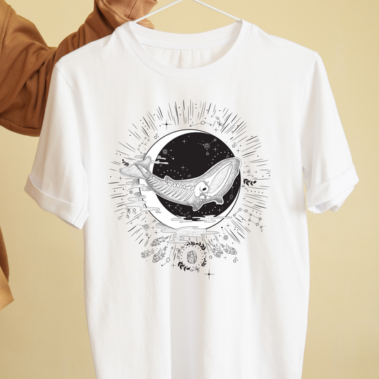 Whale in the moon celestial graphic tees
