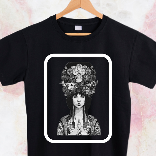 Unisex women with flower hair representing art graphic tees