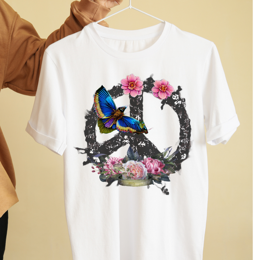 Unisex Peace symbol with flowers and bird graphic tees