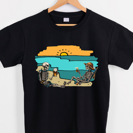 Skeletons drinking beer by the beach sunset nature graphic tees