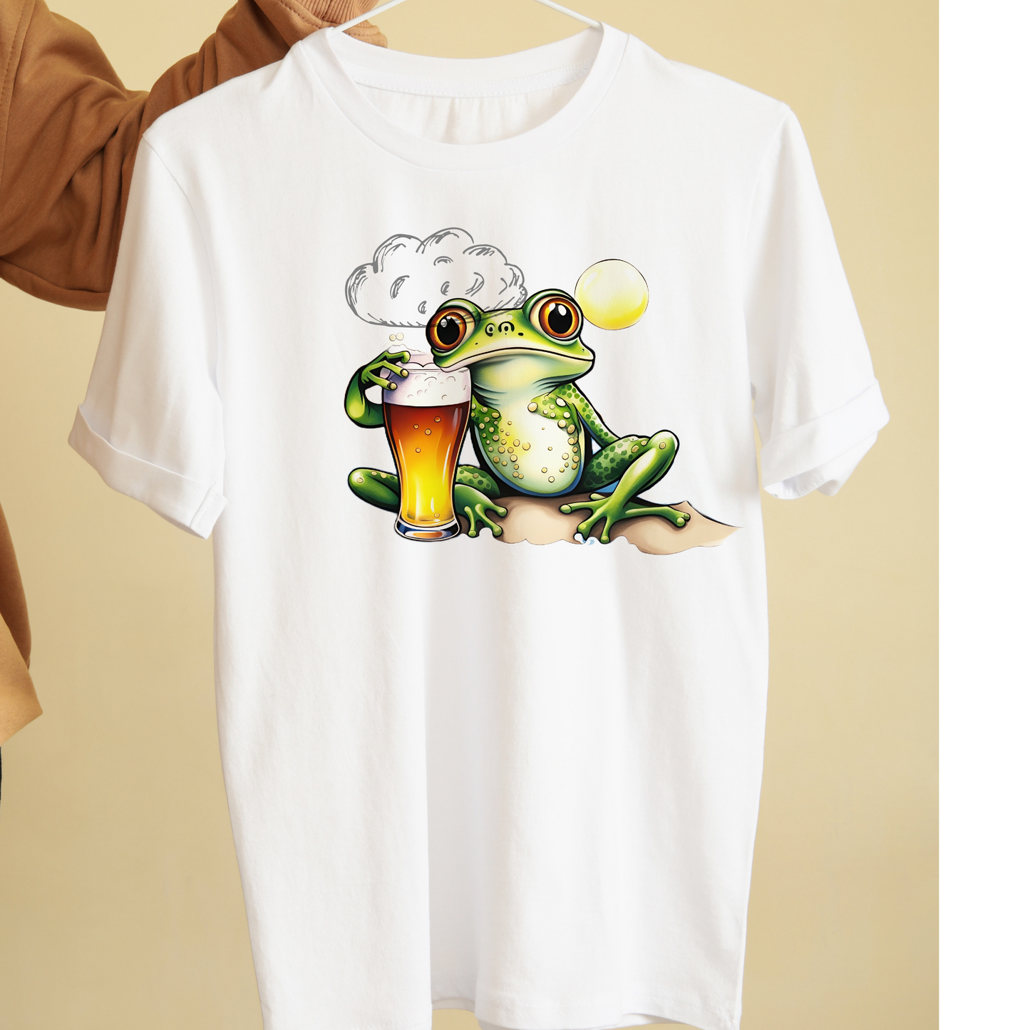 Frog with a beer by the beach unisex available in white