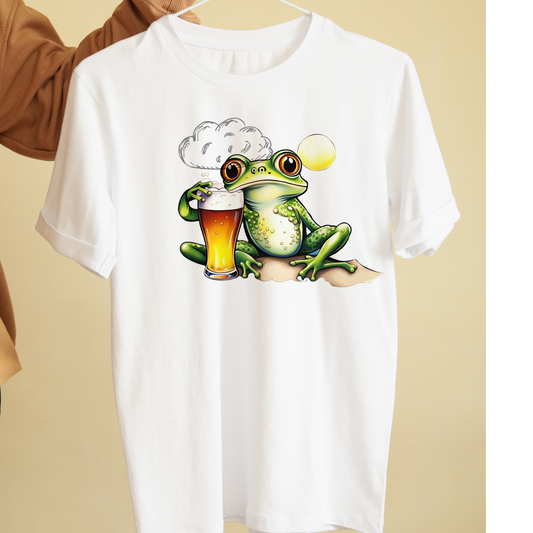 Frog with a beer by the beach unisex available in white