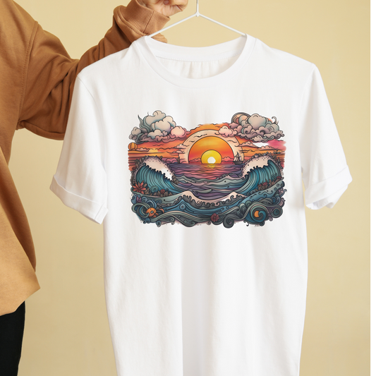Sunset beach wave graphic tees unisex unisex