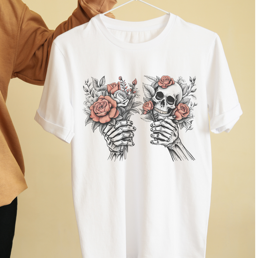 Flower bouquet skull with skeleton hands unisex