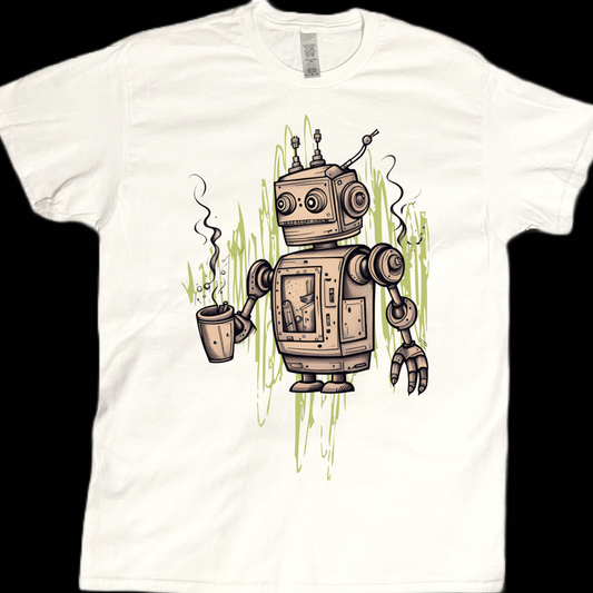 Robot with coffee abstract art graphic tees