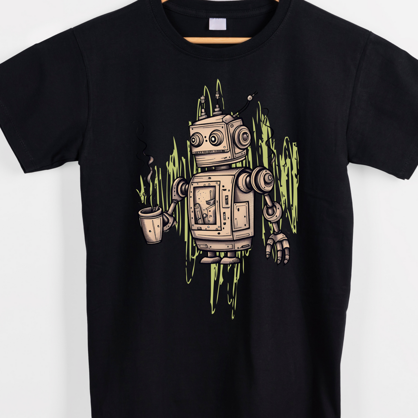 Robot with coffee abstract art graphic tees