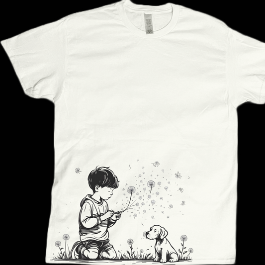 Animal dog pet with kid playing dandelions doodle graphic tees unisex