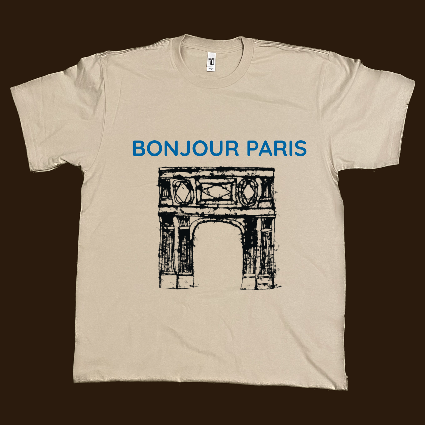 Bonjour Paris France graphic tees unisex available in white and tan