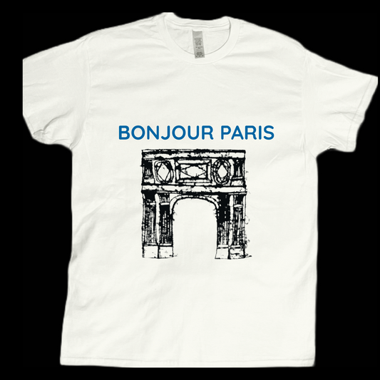 Bonjour Paris France graphic tees unisex available in white and tan