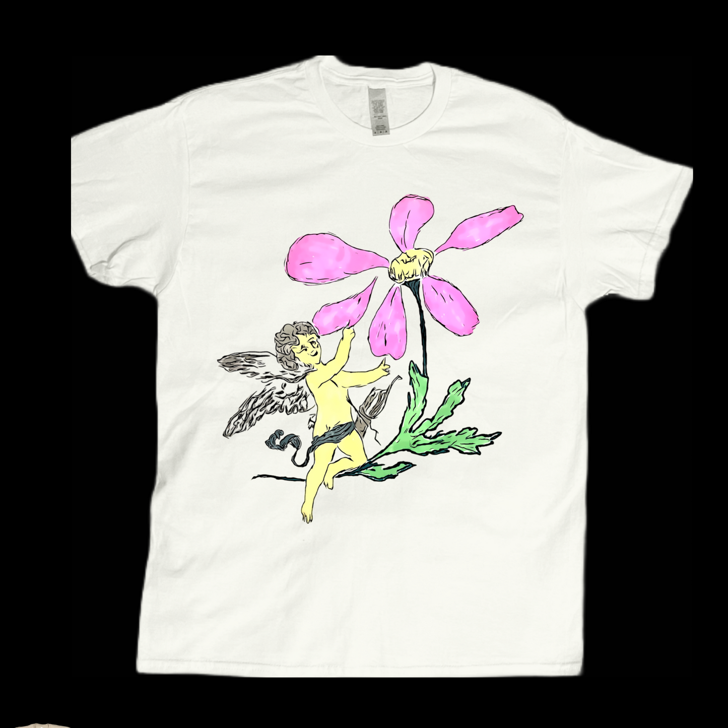 Hand drawn art style angel picking flower leaves graphic tees unisex