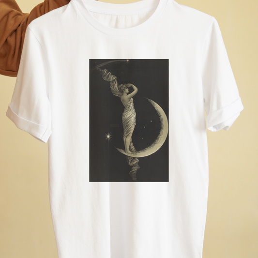 Unisex lady on the moon art available in black and white